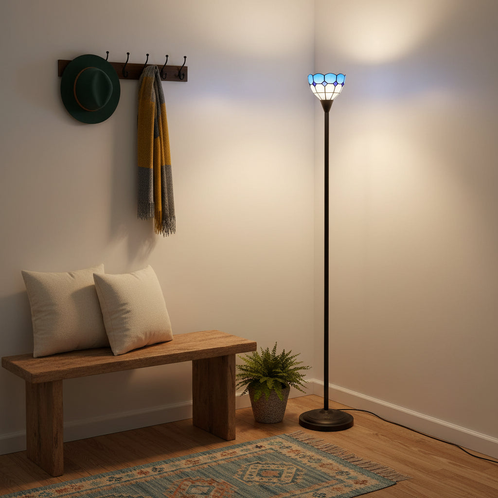 Blue and white stained glass floor lamp in the shape of a tulip