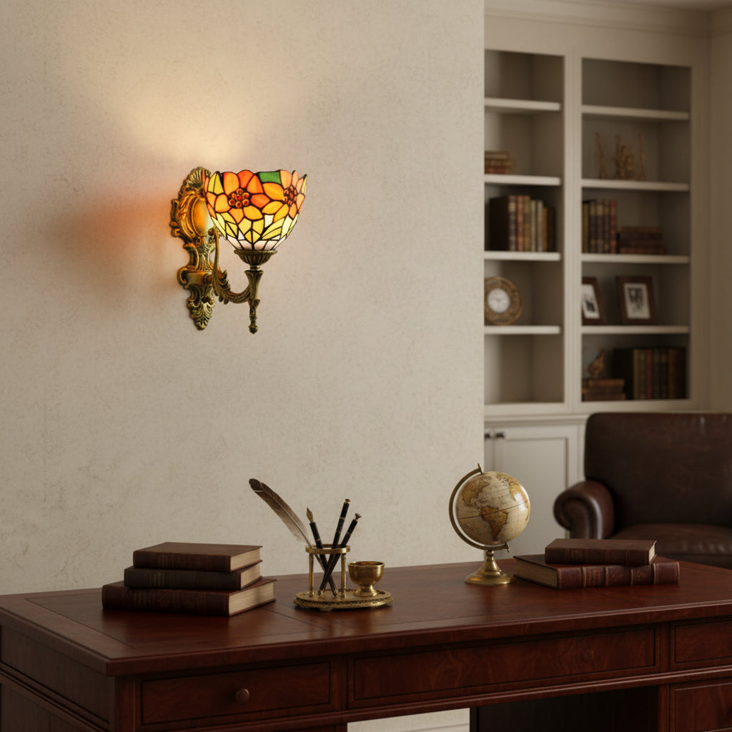 Floral Tiffany Wall Sconce in Stained Glass and Aged Brass