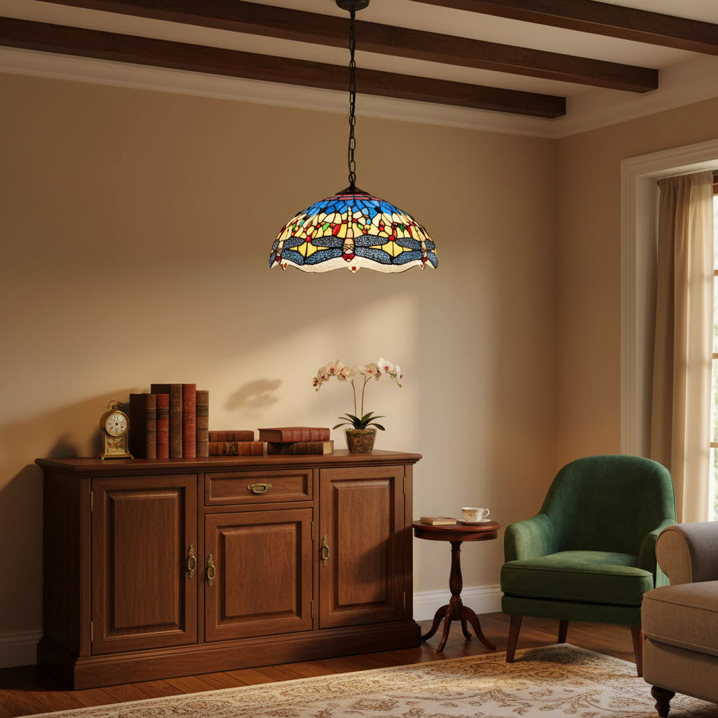 Tiffany-style stained glass dragonfly pendant light