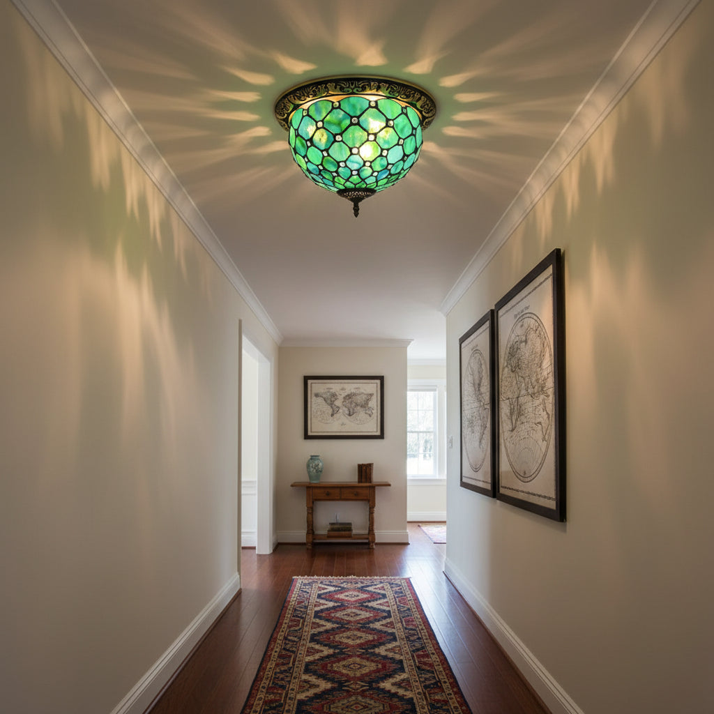 Tiffany Style Ceiling Light in Green Stained Glass