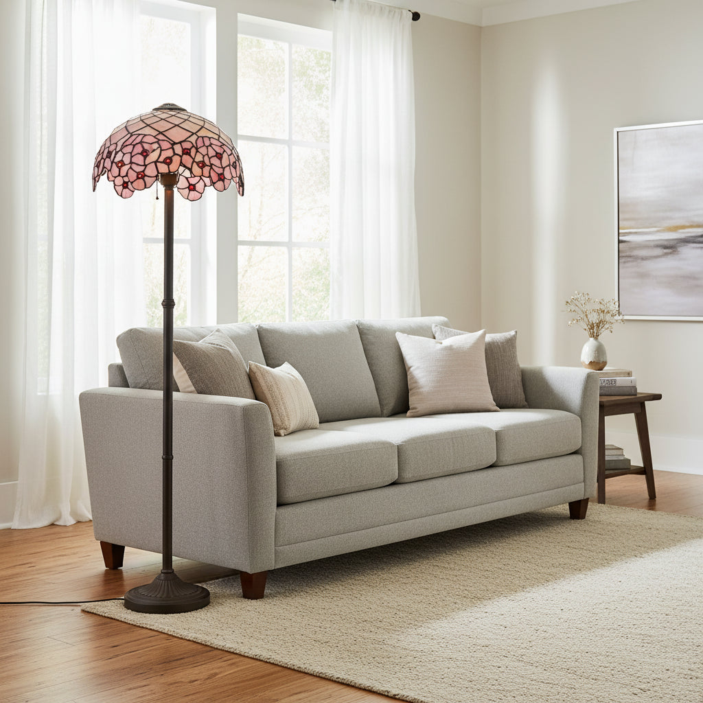 Pink Floral and Geometric Stained Glass Lampshade