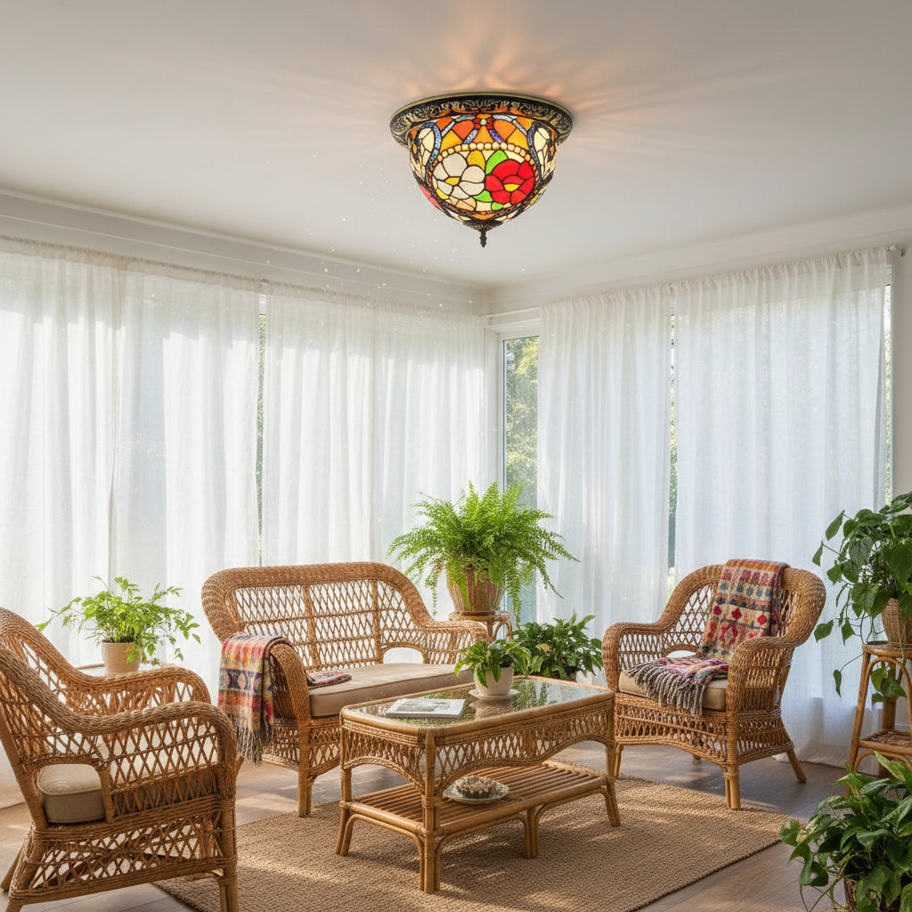 Tiffany-style Floral Stained Glass and Iron Ceiling Light