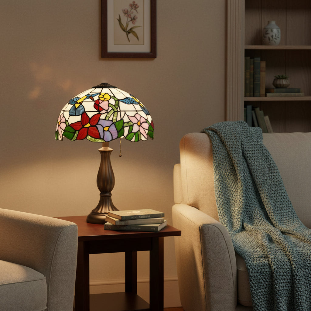 Tiffany-style stained glass lampshade with hummingbird and flower design