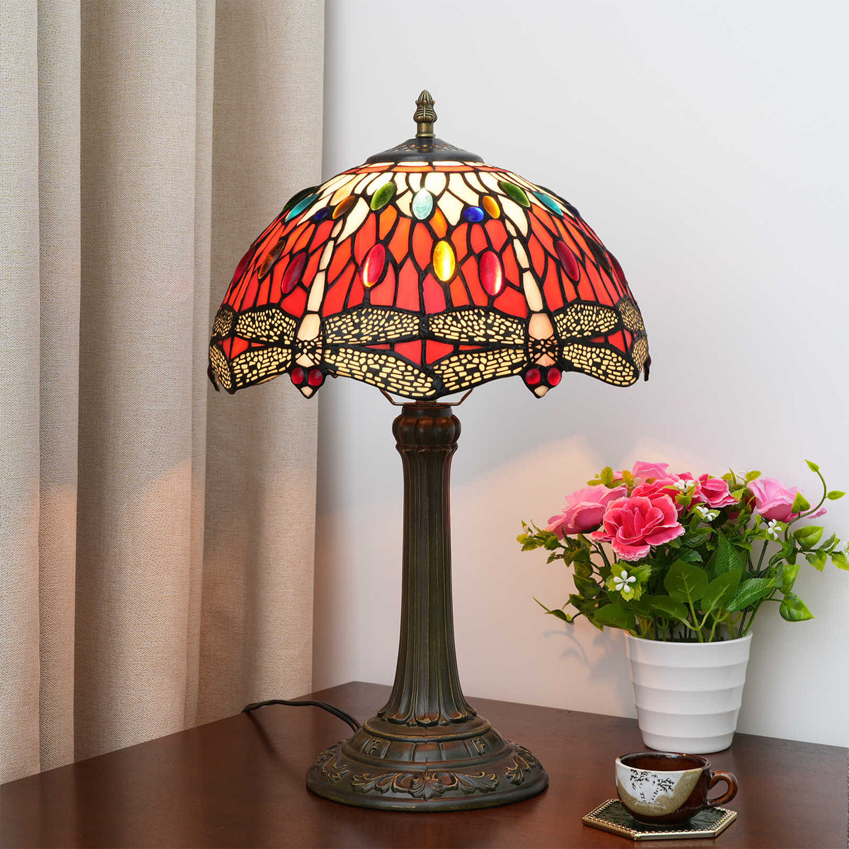 Red Dragonfly Stained Glass Tiffany Table Lamp