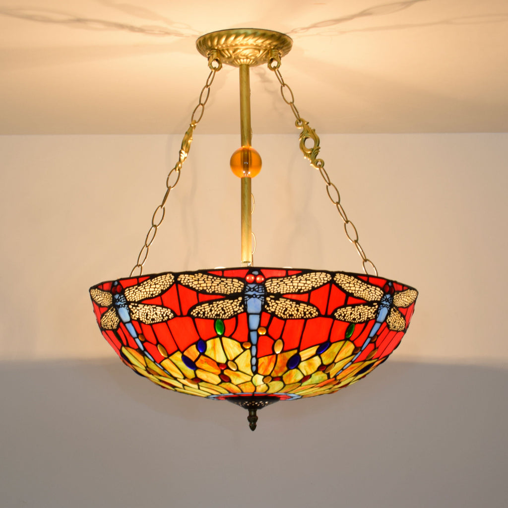 Red-tinted glass Tiffany chandelier with dragonflies