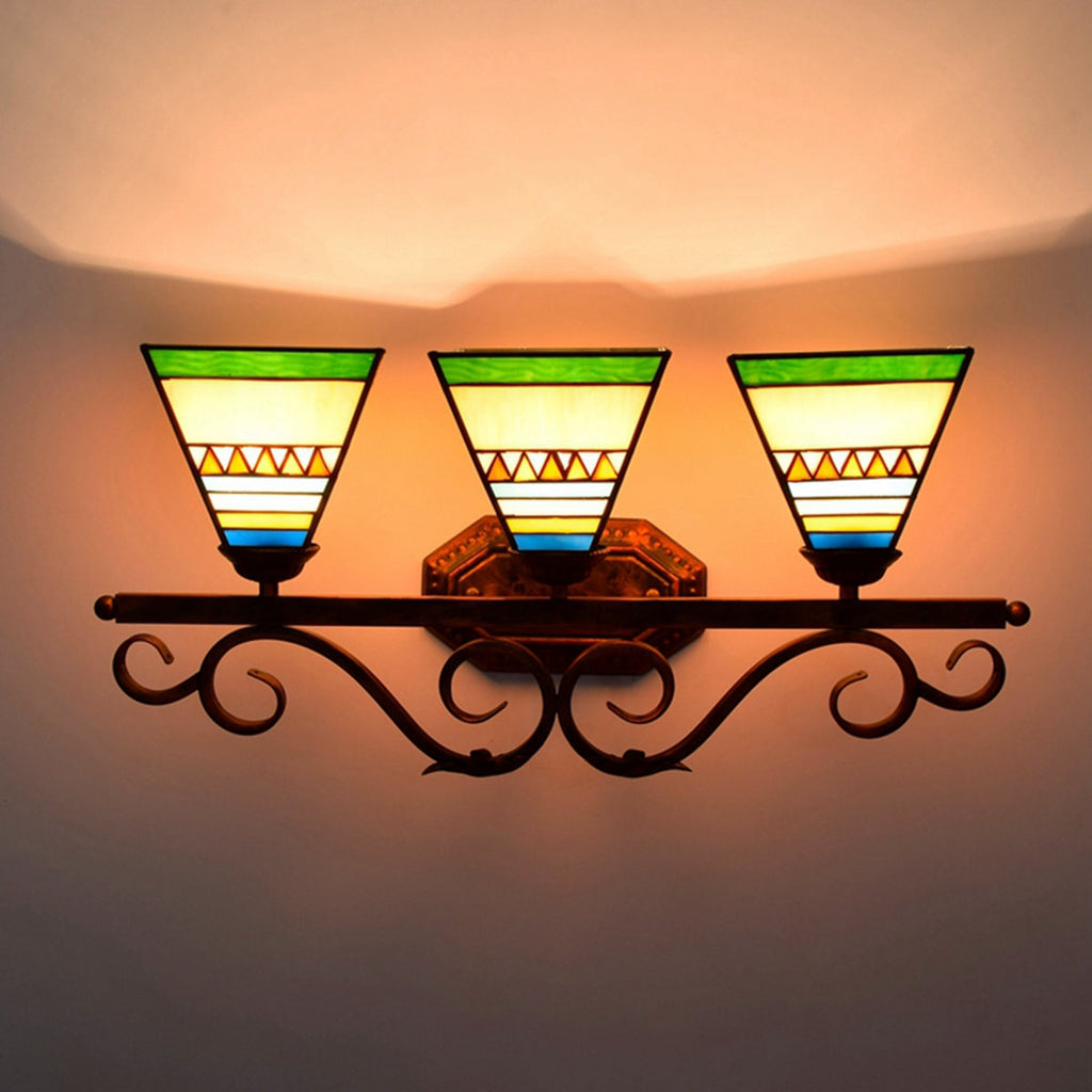 Retro Geometric Stained Glass Wall Sconce with 3 Lights