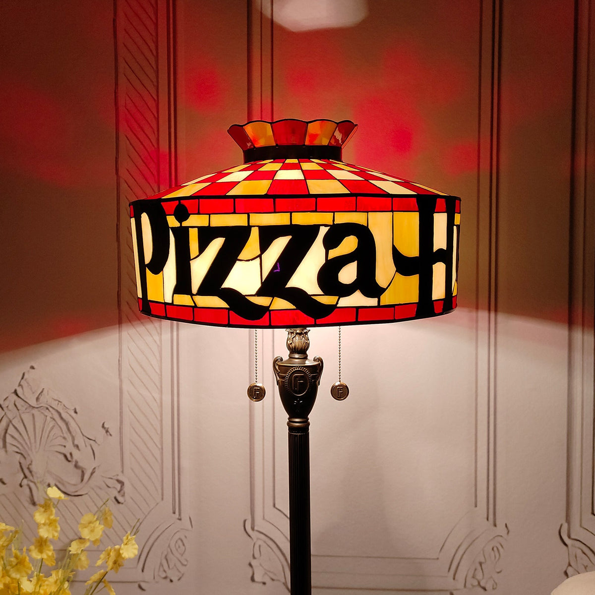 Retro Stained Glass Floor Lamp "Pizza" Red and Yellow