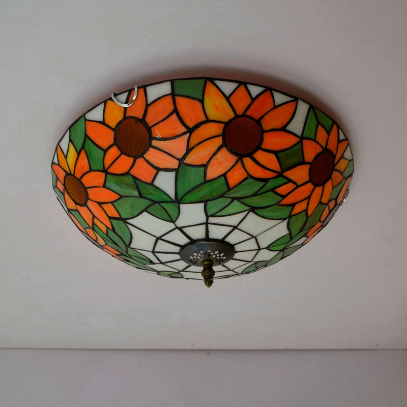 Round Tiffany Ceiling Light in Sunflower-Shaped Stained Glass