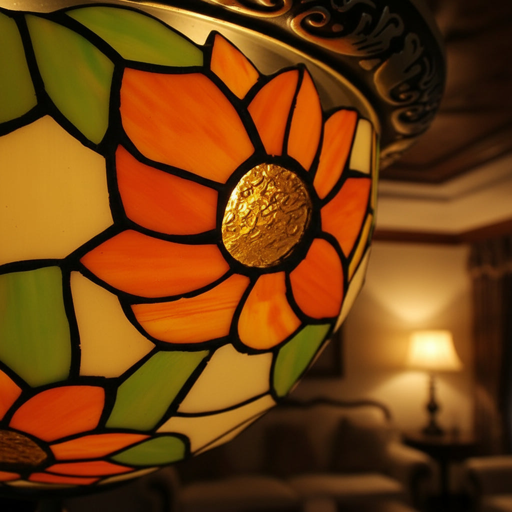 Round Tiffany Glass Ceiling Light Sunflowers Orange