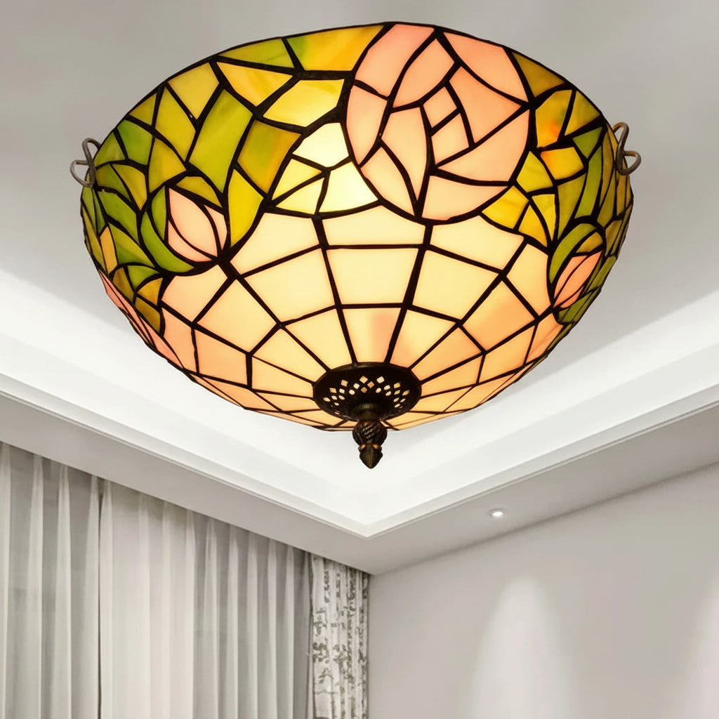 Round Tiffany Stained Glass Ceiling Light in Green & Peach