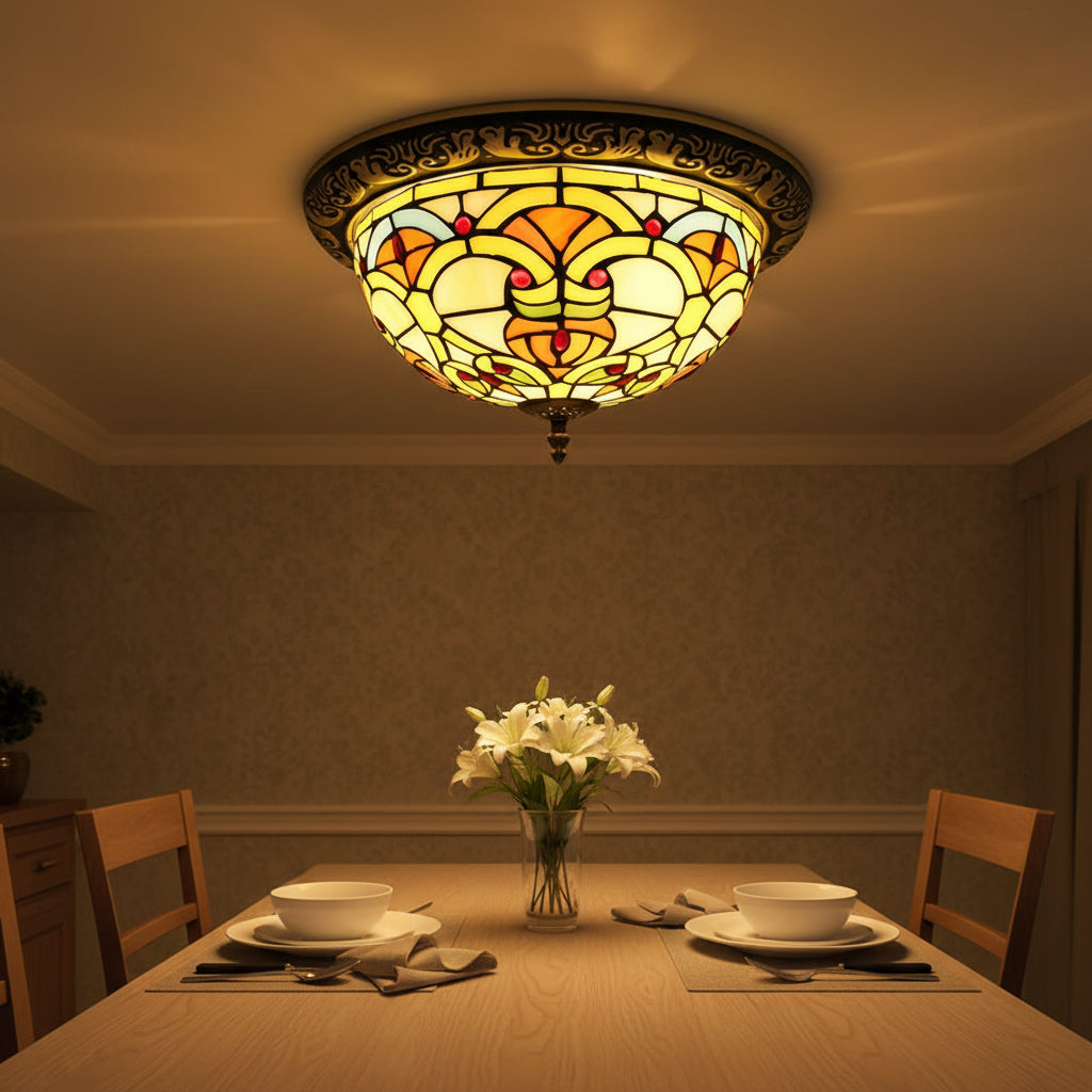 Round Tiffany-style ceiling light in stained glass