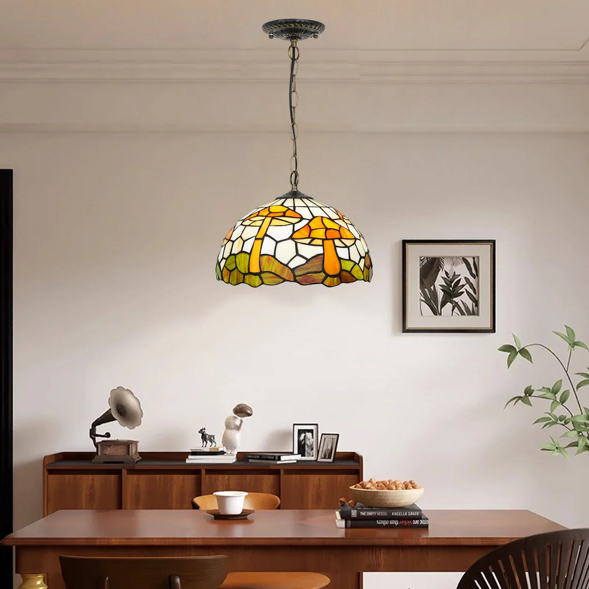 Rustic Tiffany-style wrought iron pendant light, stained glass, mushroom shade, kitchen lighting, modern luxury chandelier for the home