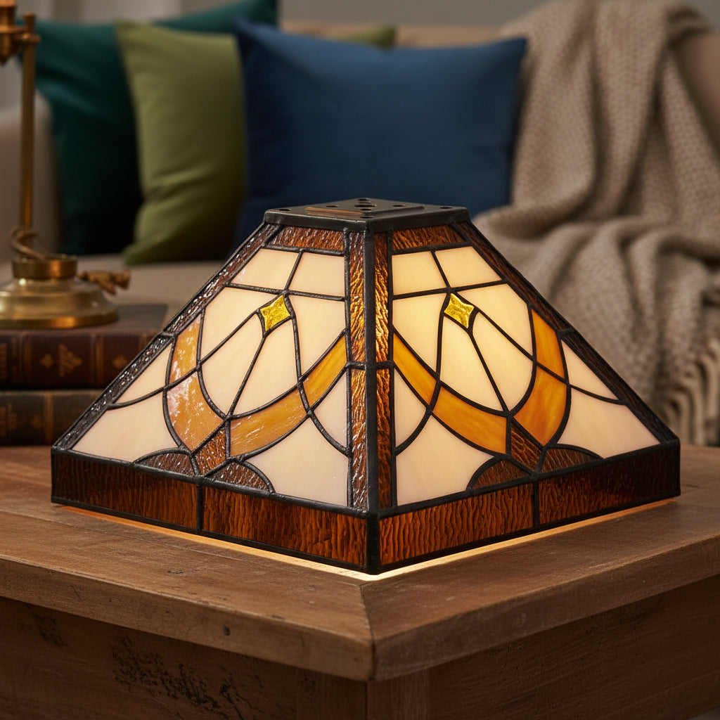 Square Tiffany-Style Lampshade in Cream and Amber