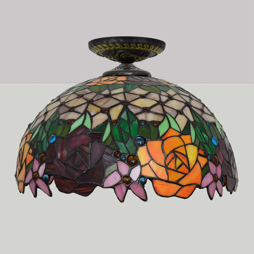 Stained glass ceiling light, floral dome with roses and oranges