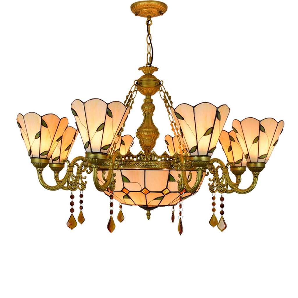 Stained Glass Chandelier with Leaf and Bronze Patterns