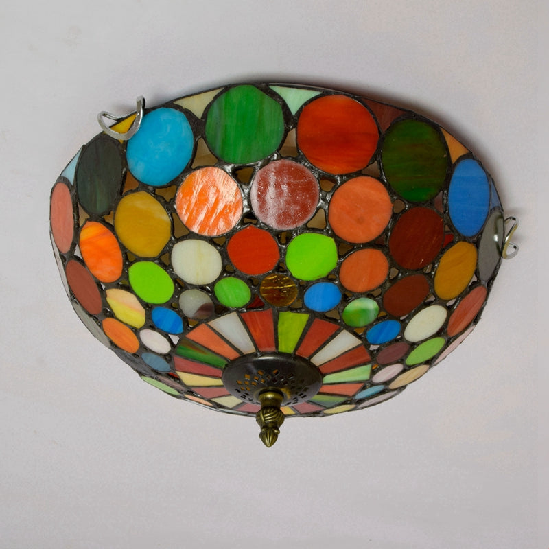 Stained Glass Dome Ceiling Light with Mosaic of Colored Circles