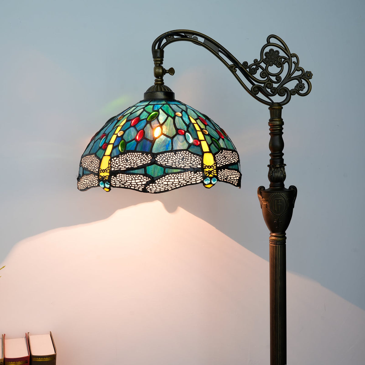 Stained Glass Floor Lamp with Dragonflies and Antique Bronze