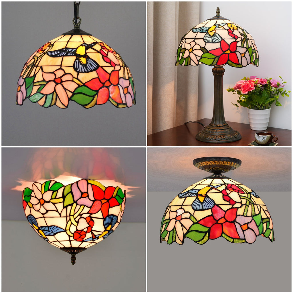 Stained Glass Table Lamp with Hummingbird and Flowers