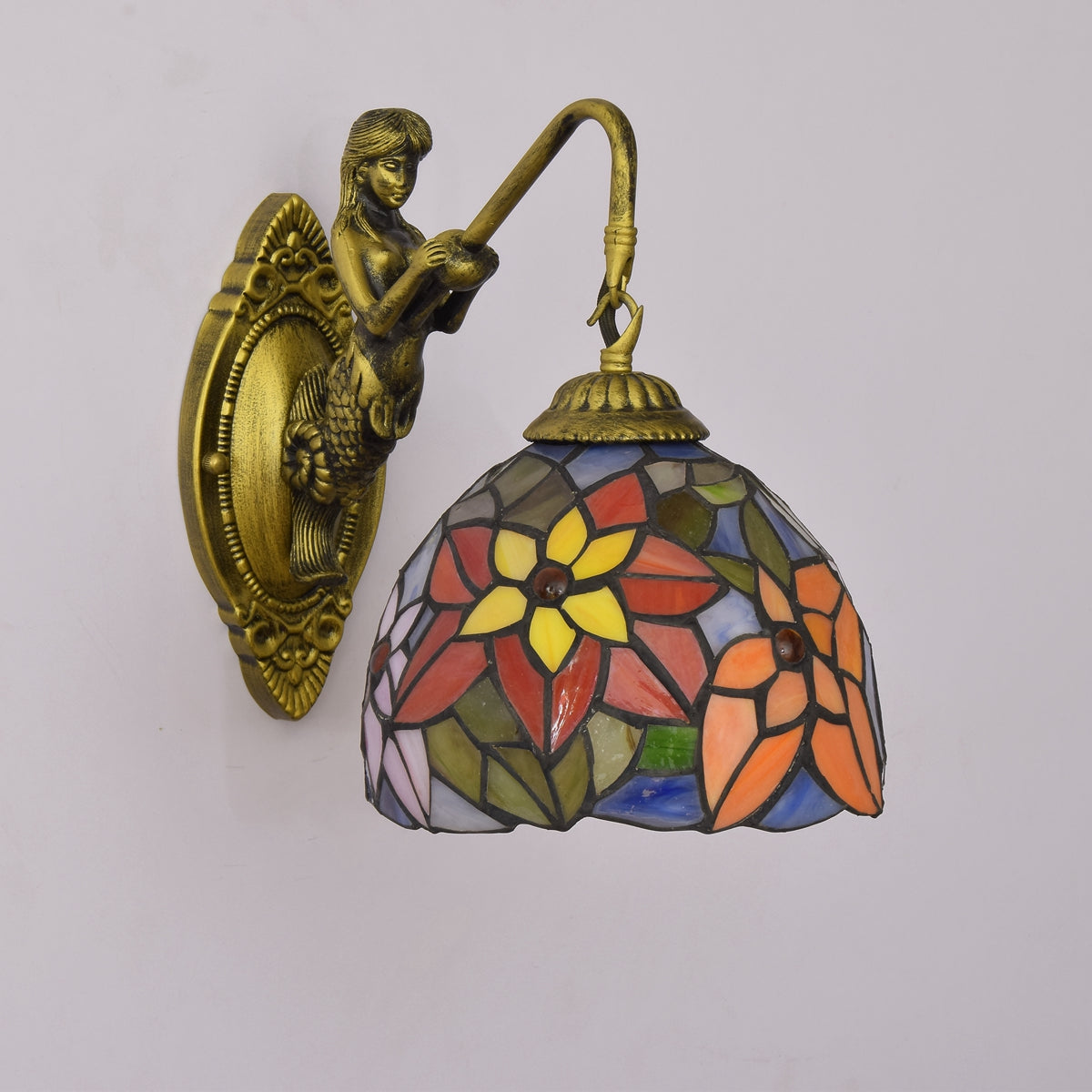 Stained Glass Wall Sconce with Floral and Bronze Mermaid
