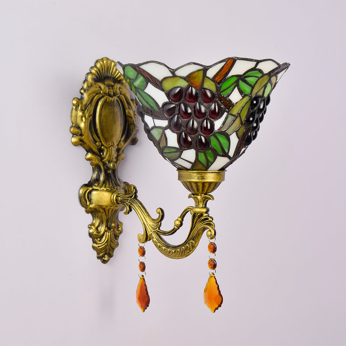 Stained Glass Wall Sconce with Grapes and Aged Brass