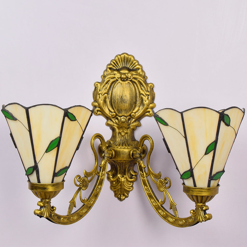 Stained Glass Wall Sconce with Leaf Design and Aged Gilt Brass
