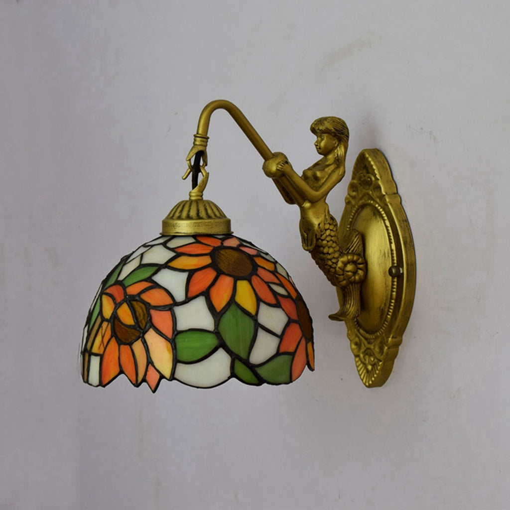 Sunflower Stained Glass Wall Sconce with Bronze Mermaid