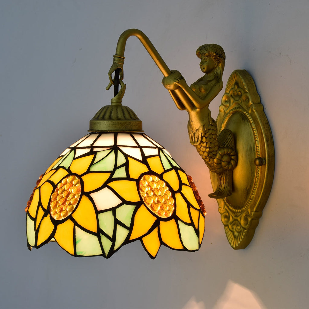 Sunflower Stained Glass Wall Sconce with Golden Mermaid