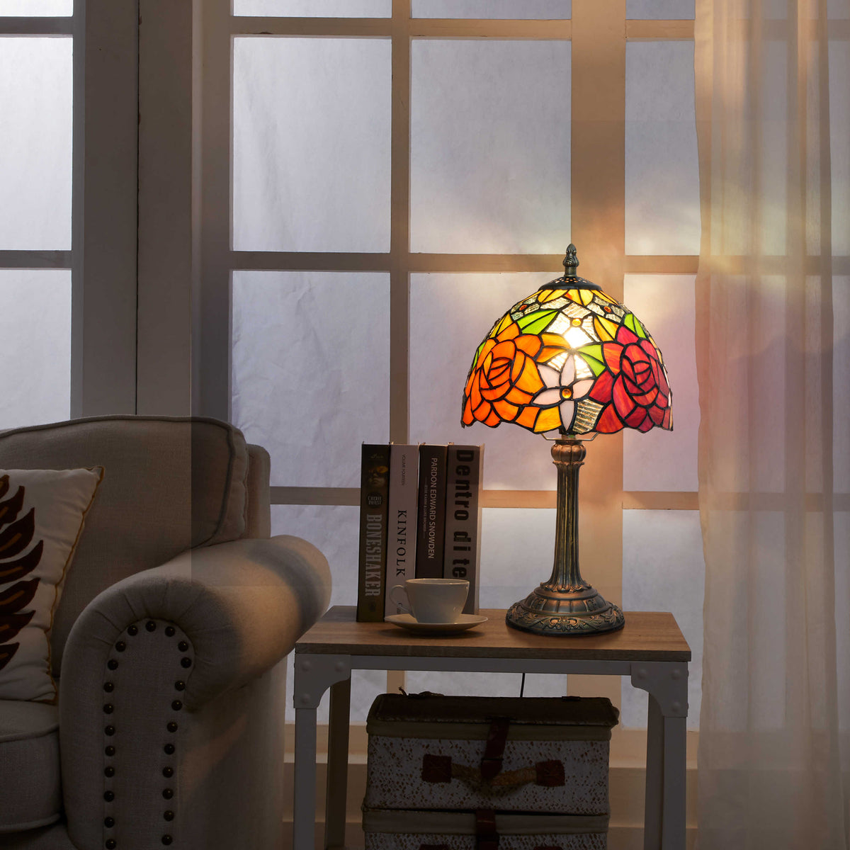 Table Lamp in Tinted Glass with Multicolored Rose Pattern