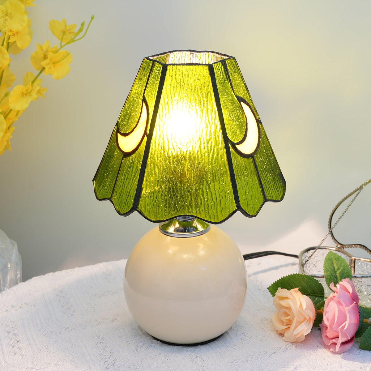 Textured Green Glass Crescent Table Lamp
