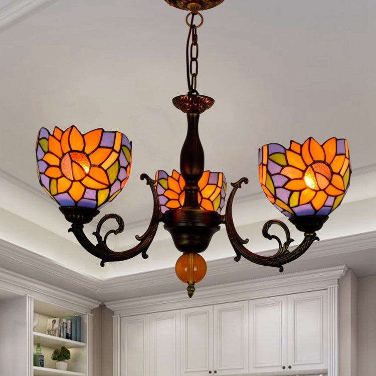 Three-Light Orange and Purple Floral Stained Glass Chandelier