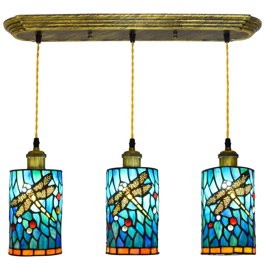 Three-Light Tiffany Stained Glass Dragonfly Pendant Light