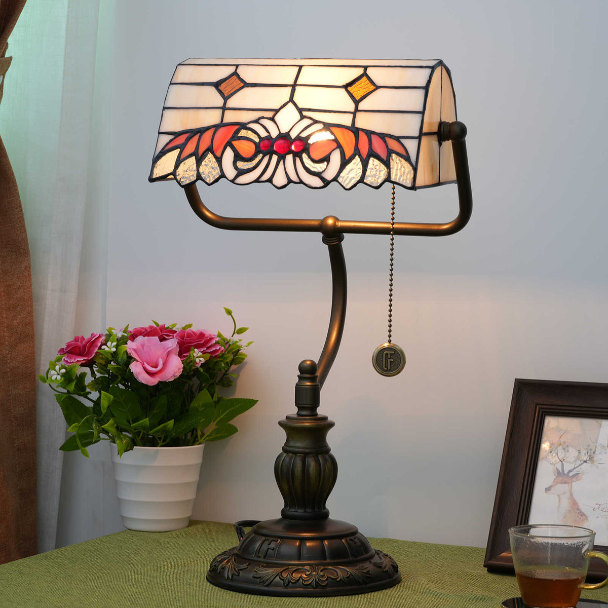 Tiffany Banker's Lamp in Cream Red Tinted Glass
