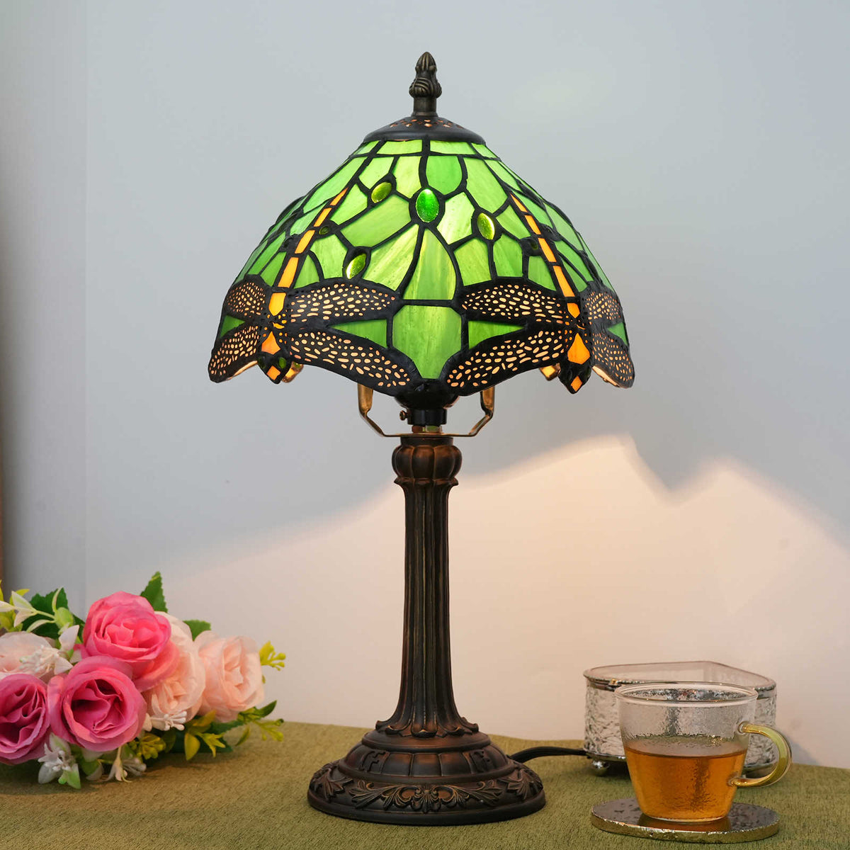 Tiffany Bedside Lamp Dragonflies Green Bronze
