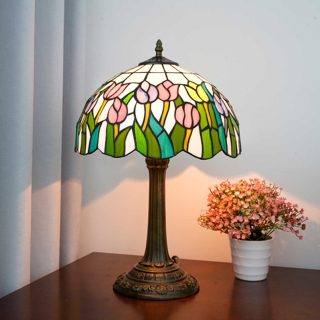 Tiffany Bedside Lamp in Stained Glass with Pink Tulips