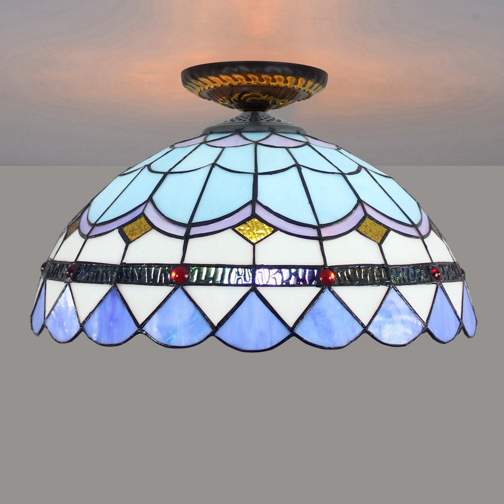 Tiffany Blue and Red Stained Glass Dome Ceiling Light