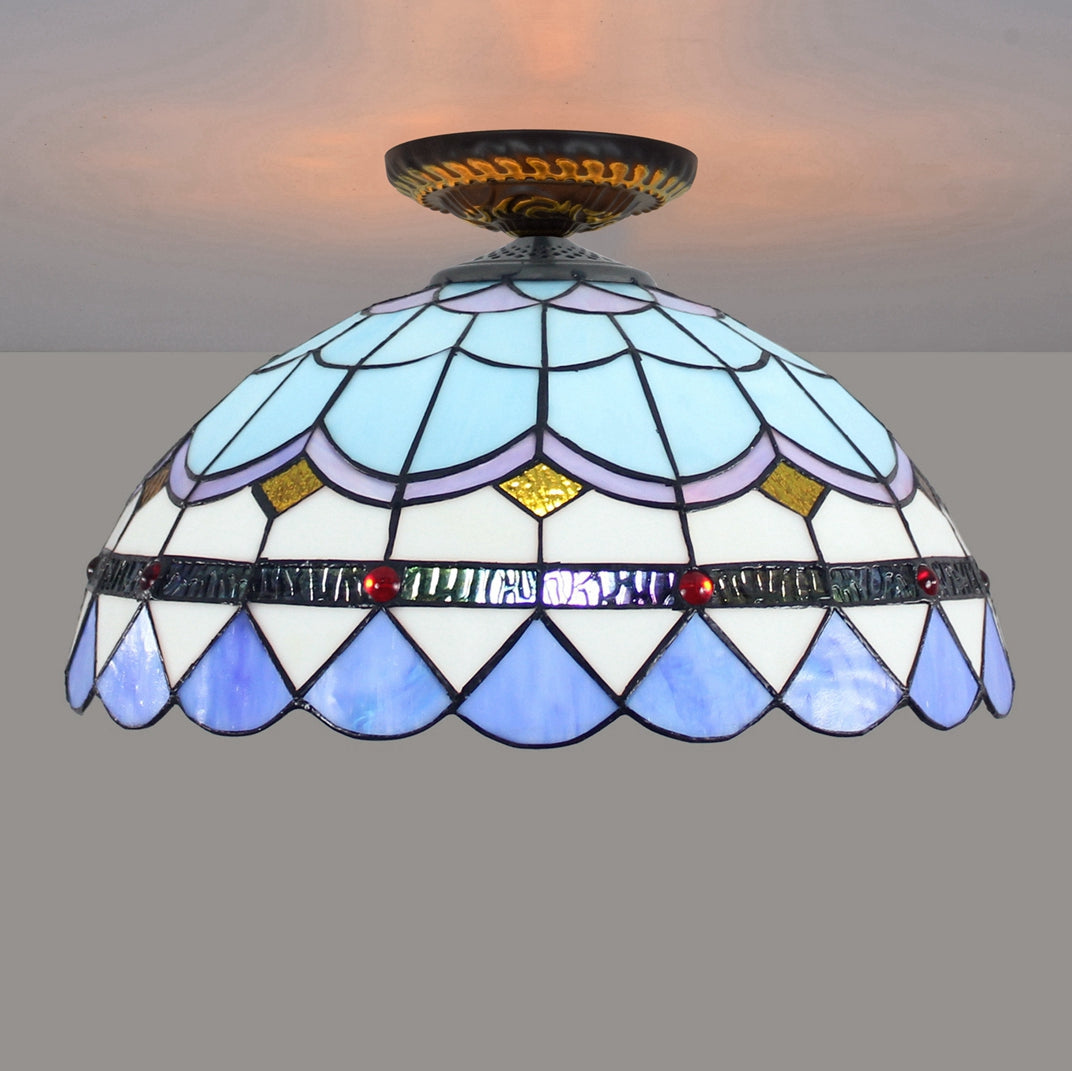 Tiffany Blue and Red Stained Glass Dome Ceiling Light