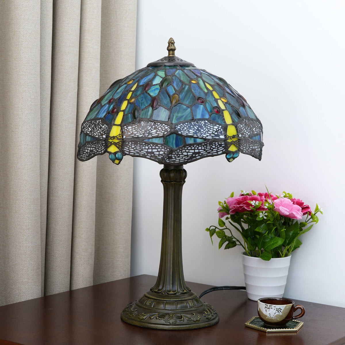 Tiffany Blue Dragonfly Table Lamp in Tinted Glass