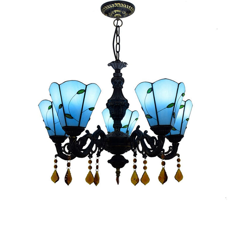 Tiffany Blue Five-Arm Chandelier with Amber Pendants