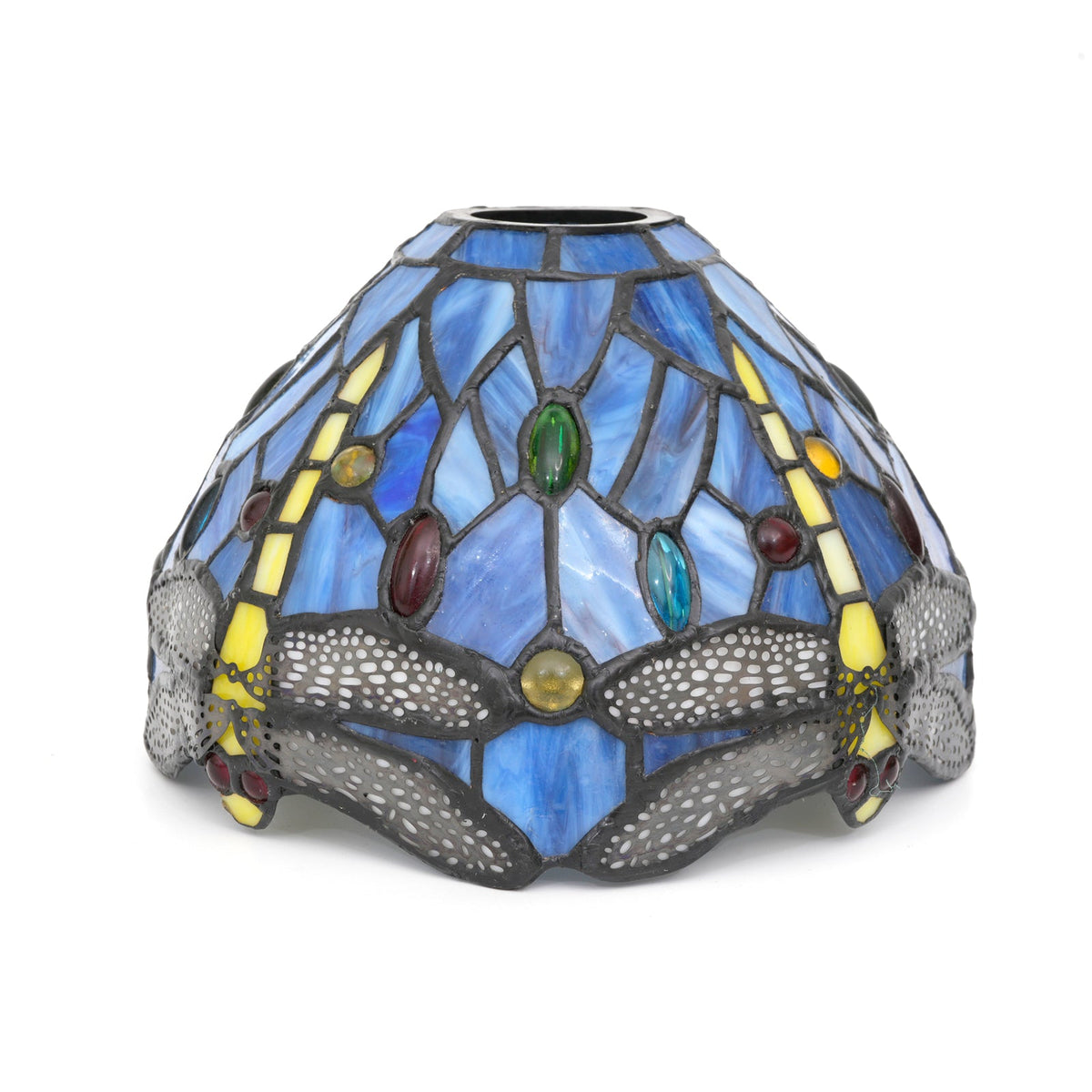 Tiffany Blue Stained Glass Lampshade with Dragonflies and Cabochons