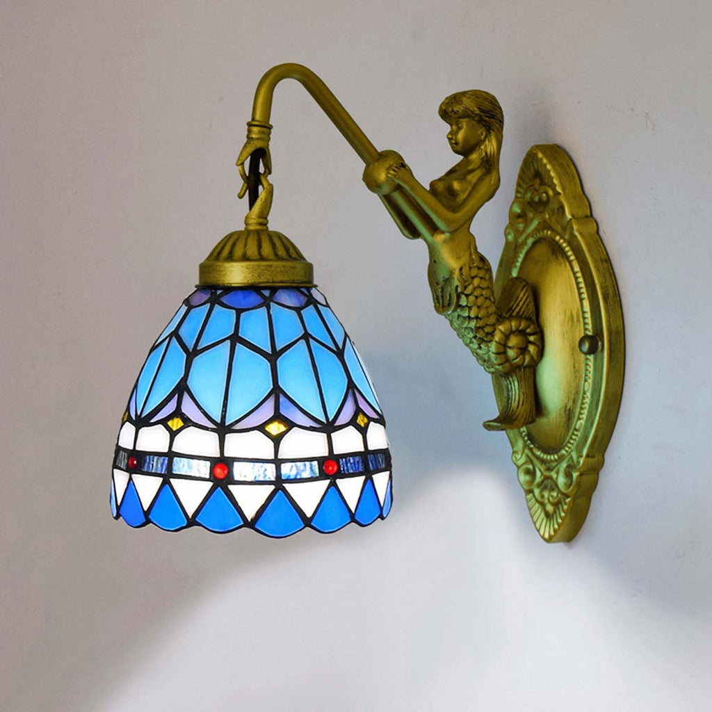 Tiffany Blue Stained Glass Mermaid Wall Sconce