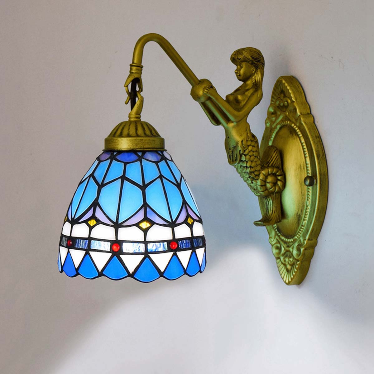 Tiffany Blue Stained Glass Mermaid Wall Sconce