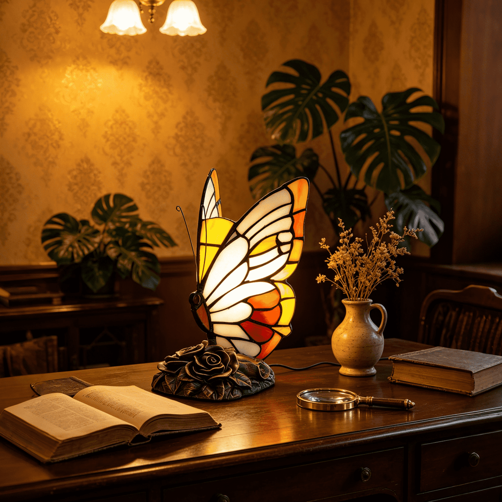 Tiffany Butterfly Table Lamp with Rose Base