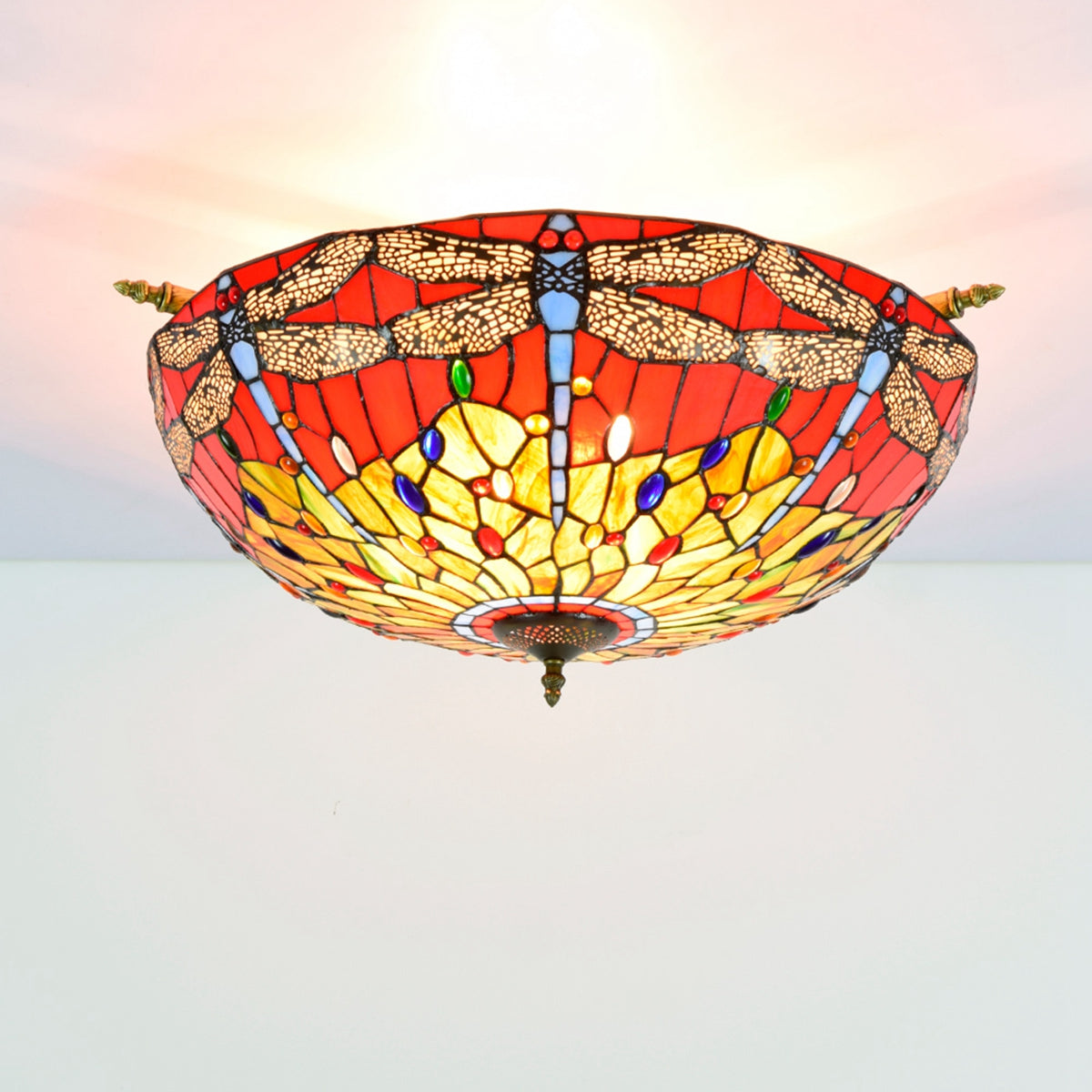 Tiffany Ceiling Light Dragonflies in Red and Yellow Stained Glass