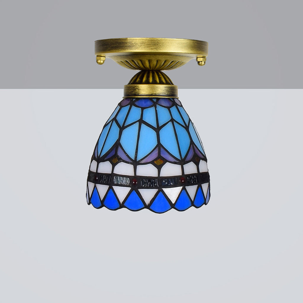 Tiffany Ceiling Light in Blue and Purple Glass and Antique Brass