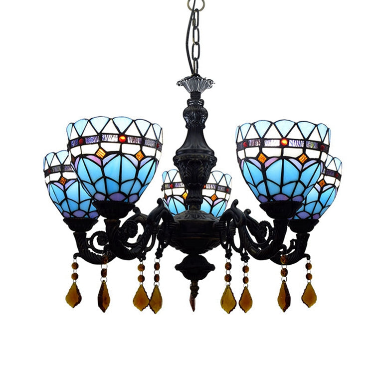 Tiffany Chandelier in Blue Stained Glass and Sculpted Metal