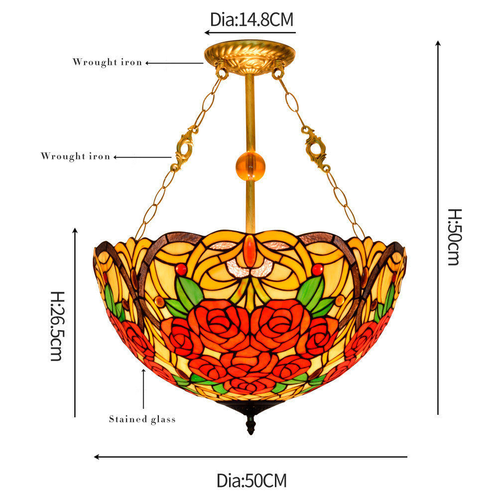 Tiffany Chandelier in Stained Glass with Red Roses