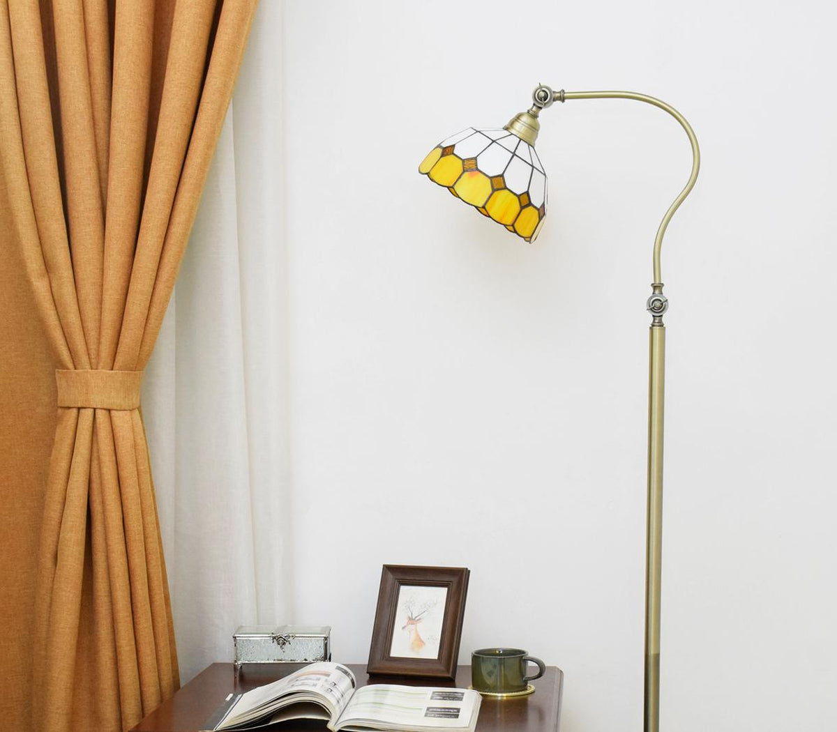Tiffany Curved Arc Floor Lamp, Yellow and White