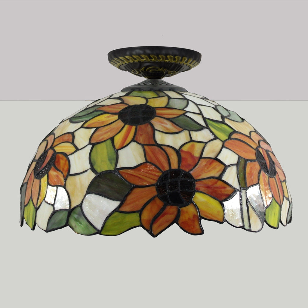 Tiffany Dome Ceiling Light in Stained Glass with Sunflower Design