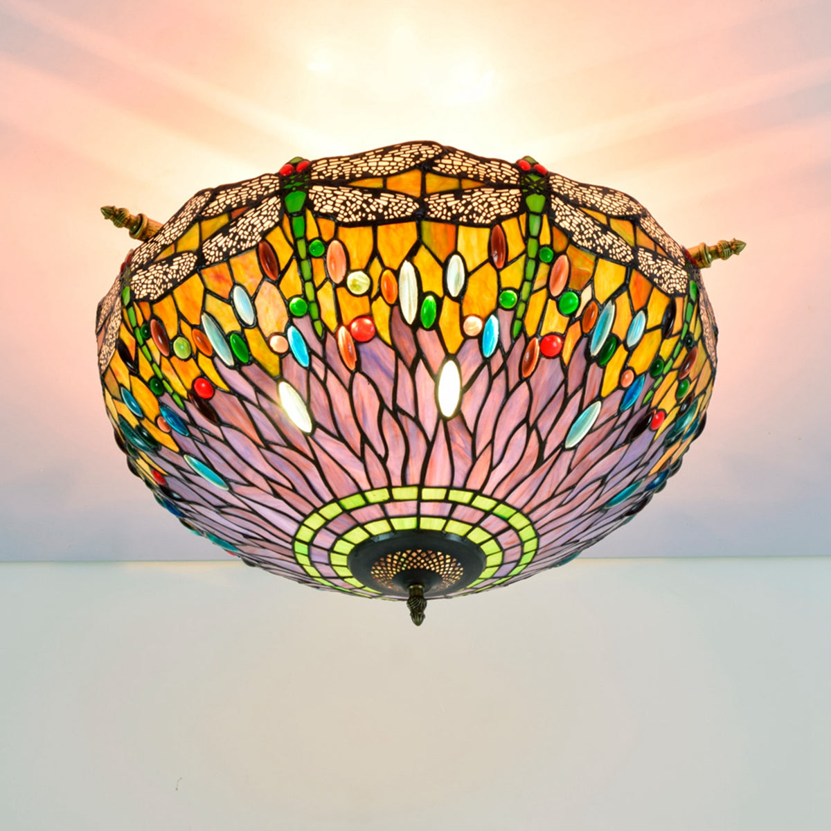 Tiffany Dome Ceiling Light with Multicolored Dragonflies