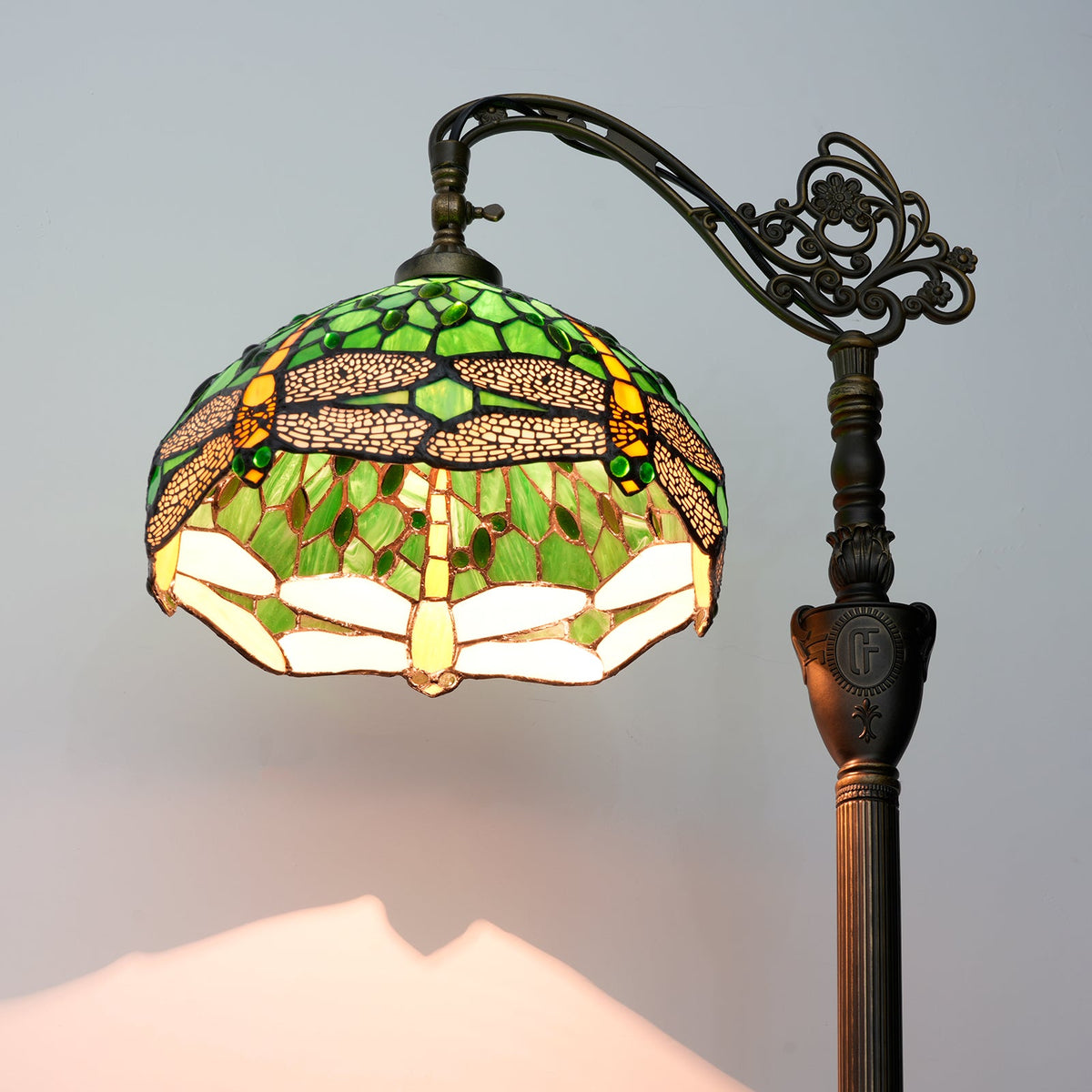 Tiffany Dragonfly Floor Lamp in Green and Amber Glass